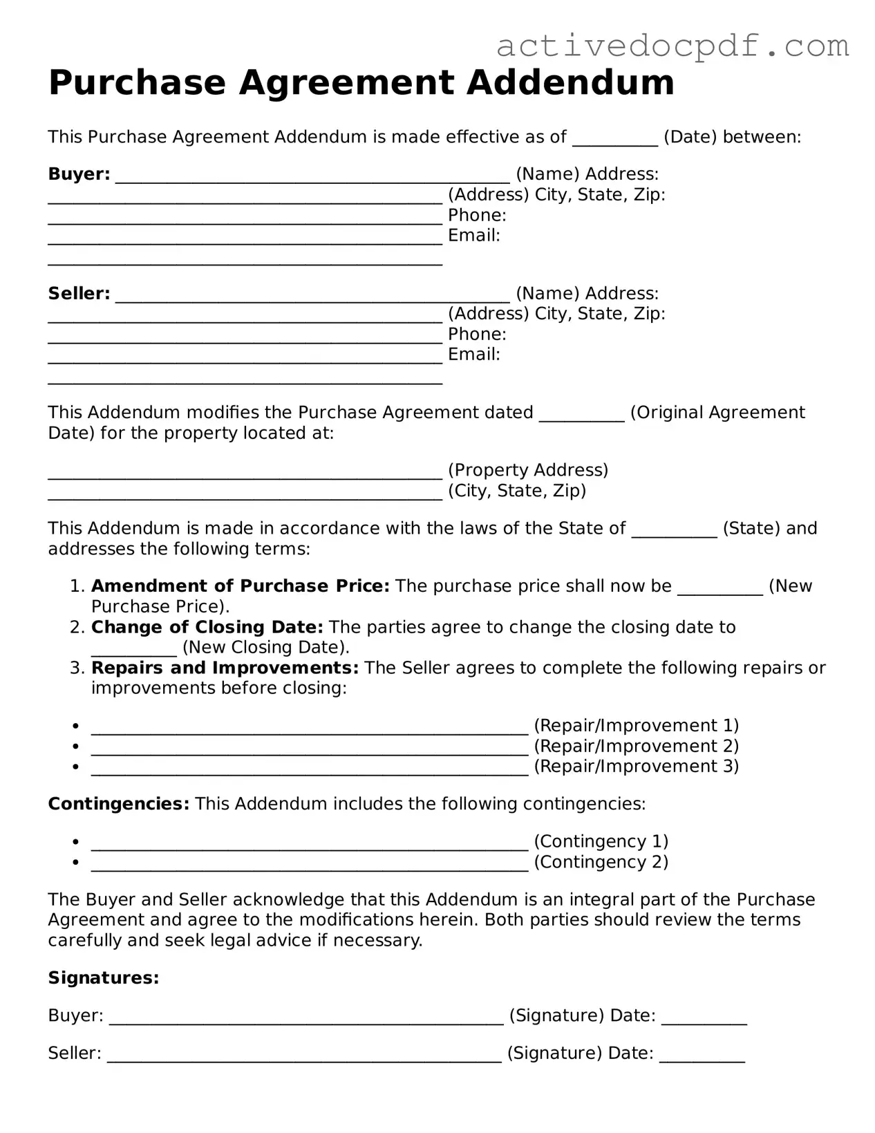 Legal Purchase Agreement Addendum Template
