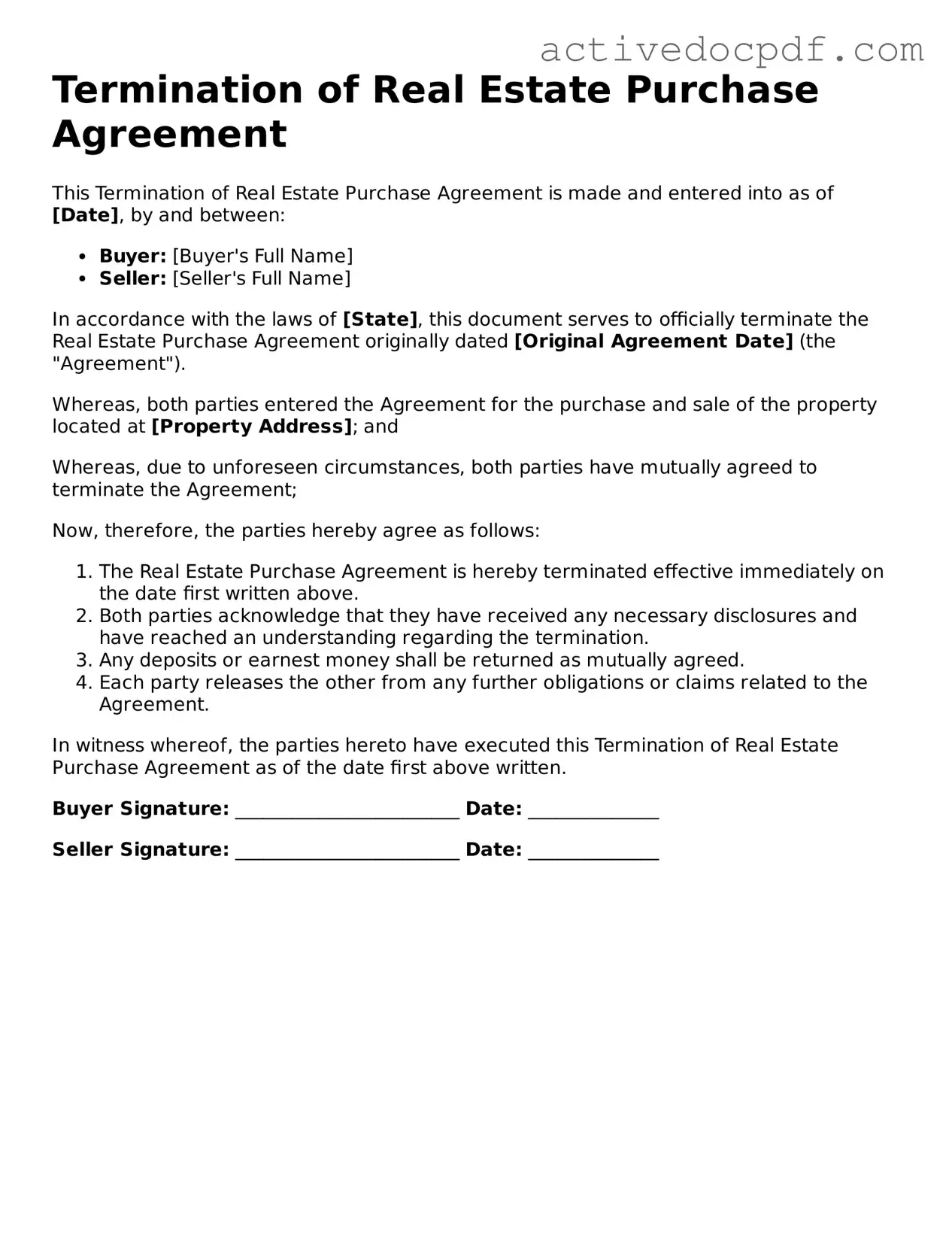Legal Termination of Real Estate Purchase Agreement Template