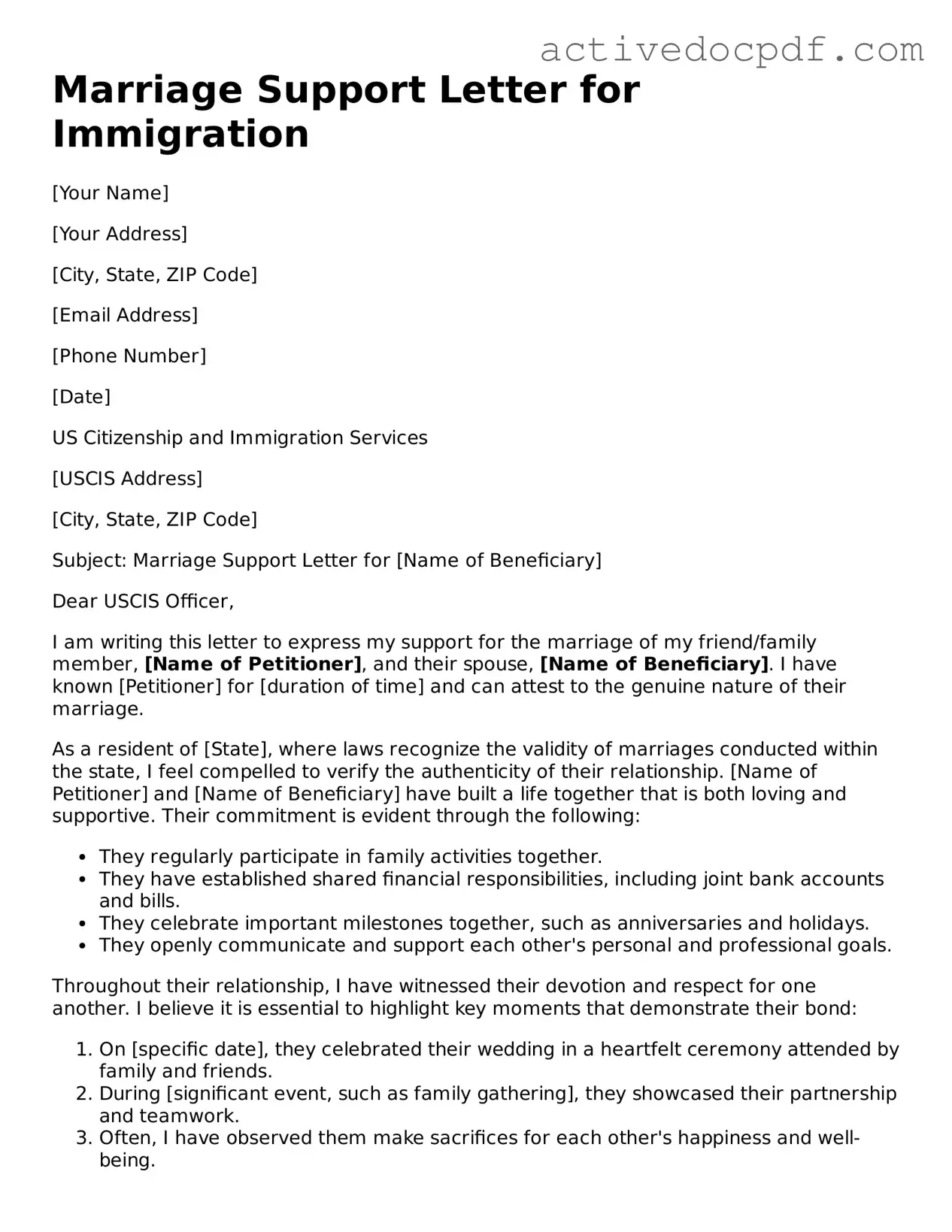Legal Marriage Support Letter for Immigration Template