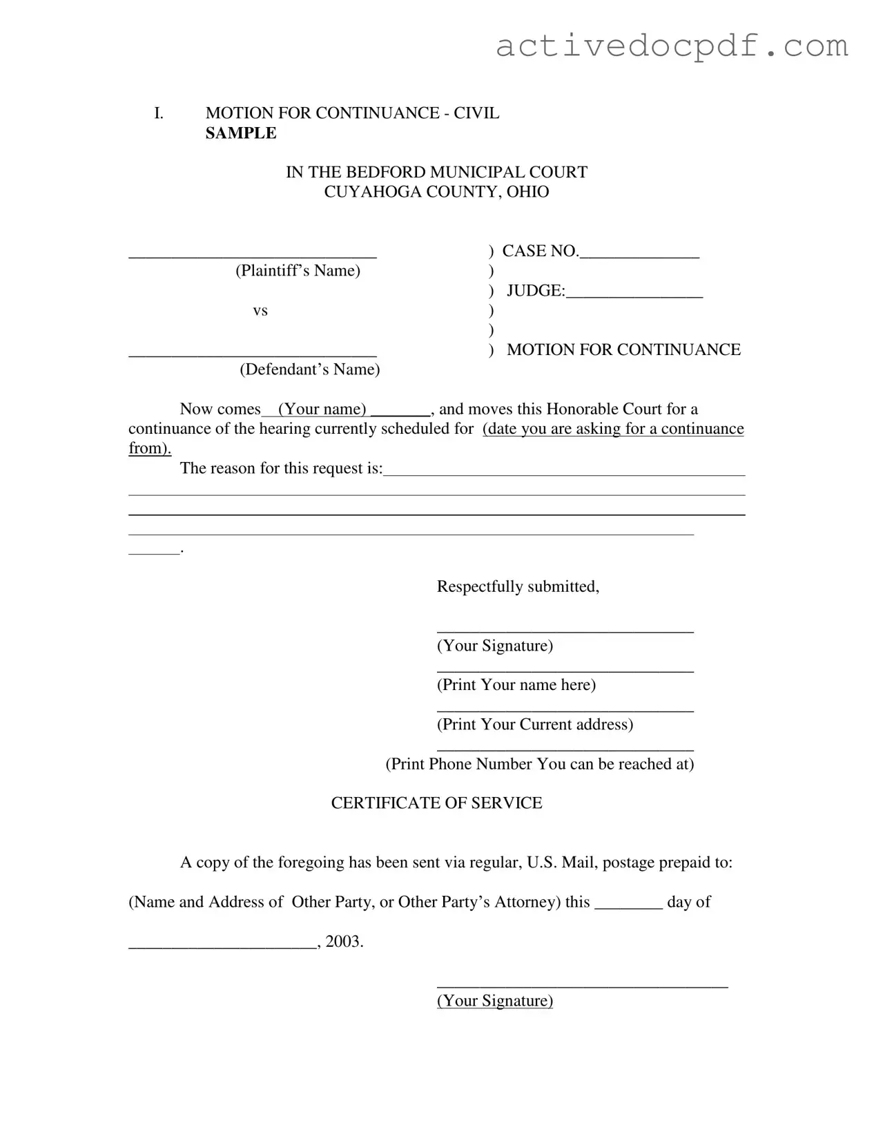 Free Motion For Continuance PDF Form