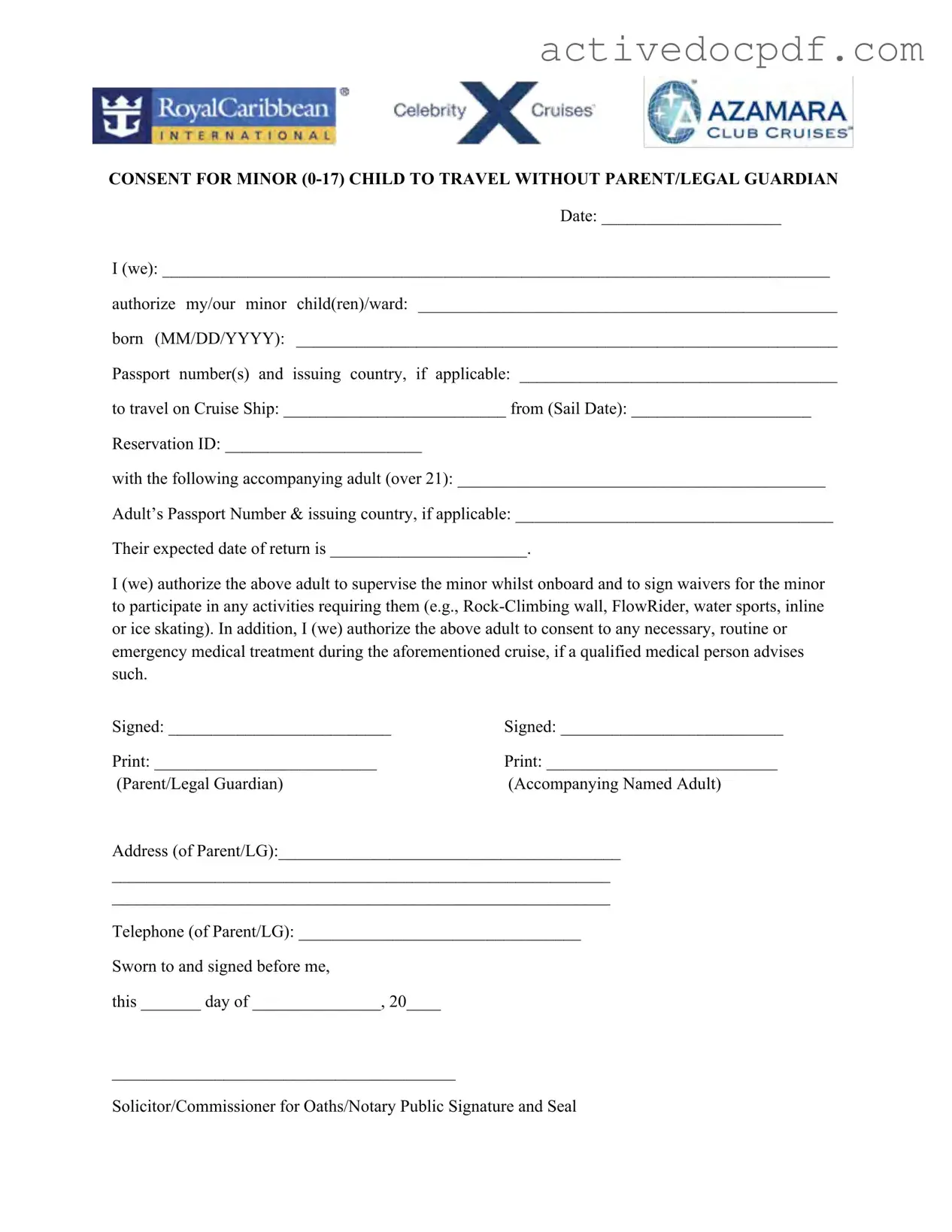 Free Royal Caribbean Parental Consent PDF Form