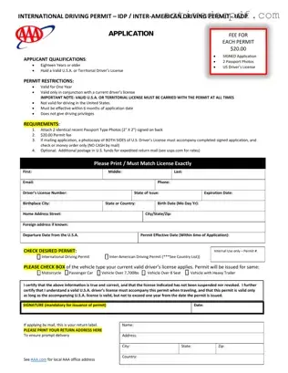 Free Aaa International Driving Permit Application PDF Form