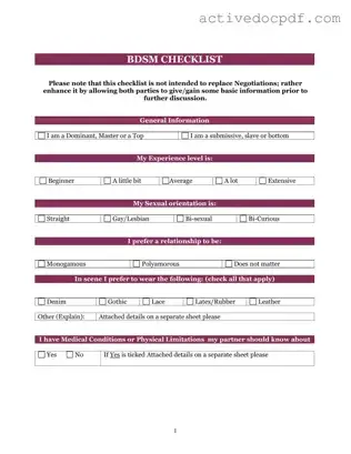 Free Bdsm Checklist PDF Form