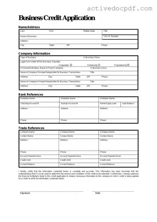 Free Business Credit Application PDF Form