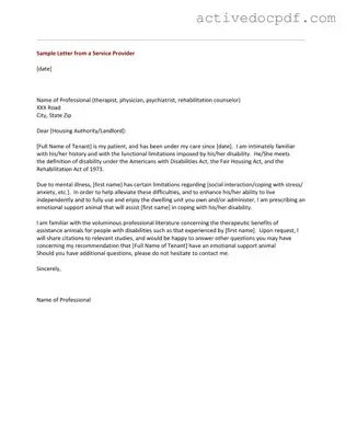 Free Emotional Support Animal Letter PDF Form