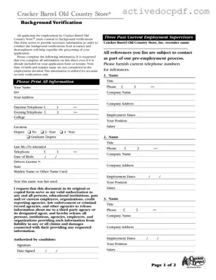 Free Cracker Barrel Background Check PDF Form