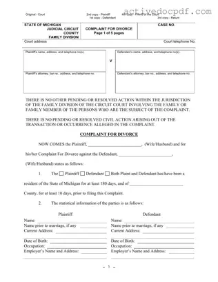Free Michigan Complaint Divorce PDF Form