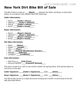 Legal Dirt Bike Bill of Sale Document for New York State