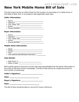 Legal Mobile Home Bill of Sale Document for New York State