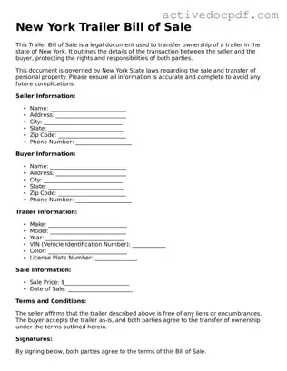 Legal Trailer Bill of Sale Document for New York State