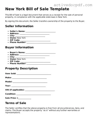 Legal Bill of Sale Document for New York State