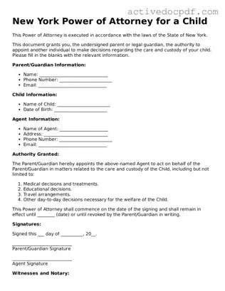 Legal Power of Attorney for a Child Document for New York State