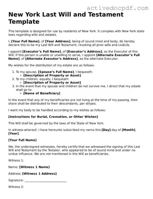 Legal Last Will and Testament Document for New York State