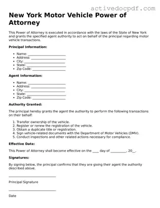 Legal Motor Vehicle Power of Attorney Document for New York State