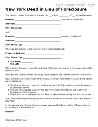 Legal Deed in Lieu of Foreclosure Document for New York State