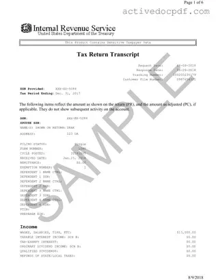 Free Sample Tax Return Transcript PDF Form
