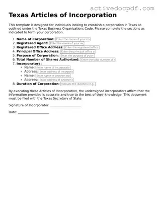 Legal Articles of Incorporation Document for Texas State