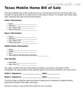 Legal Mobile Home Bill of Sale Document for Texas State