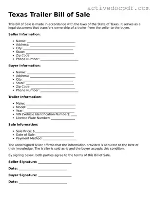 Legal Trailer Bill of Sale Document for Texas State