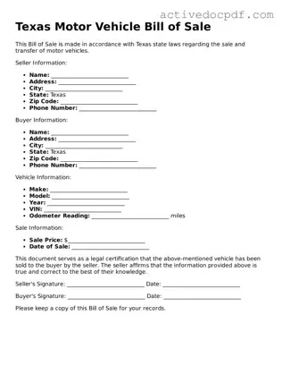 Legal Motor Vehicle Bill of Sale Document for Texas State
