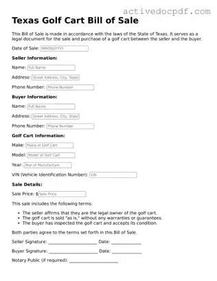 Legal Golf Cart Bill of Sale Document for Texas State