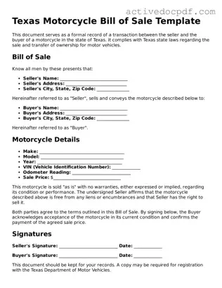 Legal Motorcycle Bill of Sale Document for Texas State