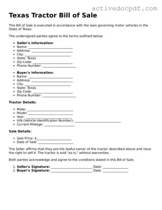 Legal Tractor Bill of Sale Document for Texas State