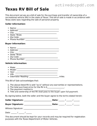Legal RV Bill of Sale Document for Texas State