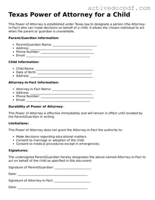 Legal Power of Attorney for a Child Document for Texas State