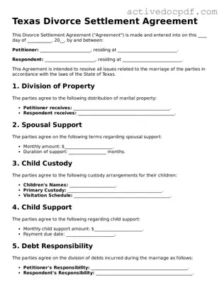 Legal Divorce Settlement Agreement Document for Texas State