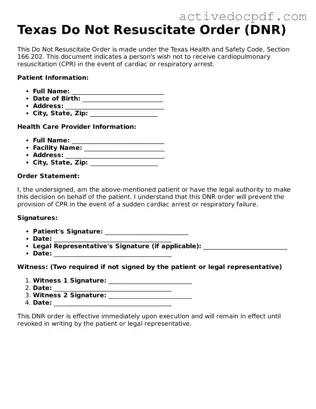 Legal Do Not Resuscitate Order Document for Texas State