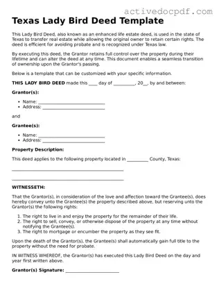 Legal Lady Bird Deed Document for Texas State