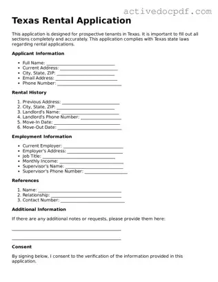 Legal Rental Application Document for Texas State