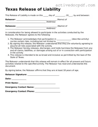 Legal Release of Liability Document for Texas State