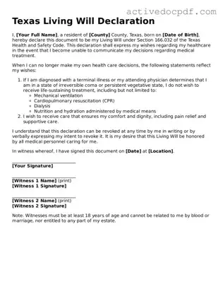 Legal Living Will Document for Texas State