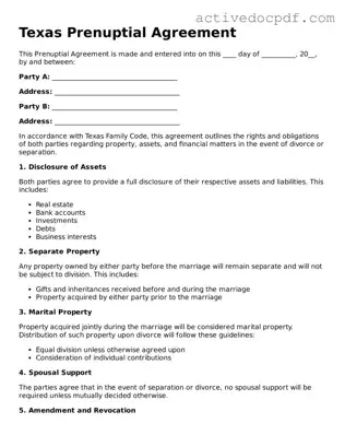 Legal Prenuptial Agreement Document for Texas State