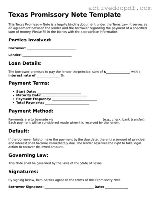 Legal Promissory Note Document for Texas State