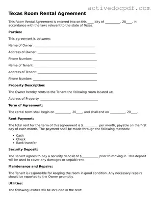 Legal Room Rental Agreement Document for Texas State
