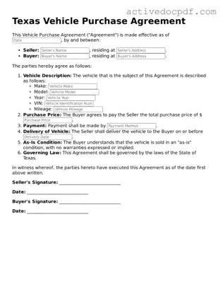 Legal Vehicle Purchase Agreement Document for Texas State