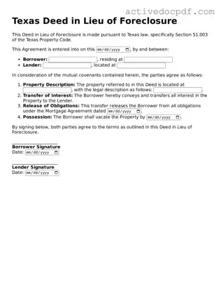 Legal Deed in Lieu of Foreclosure Document for Texas State