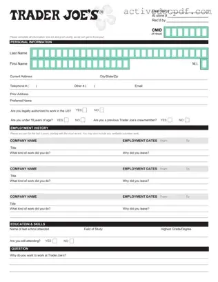 Free Trader Joe's application PDF Form