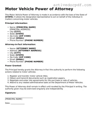 Legal Motor Vehicle Power of Attorney Template