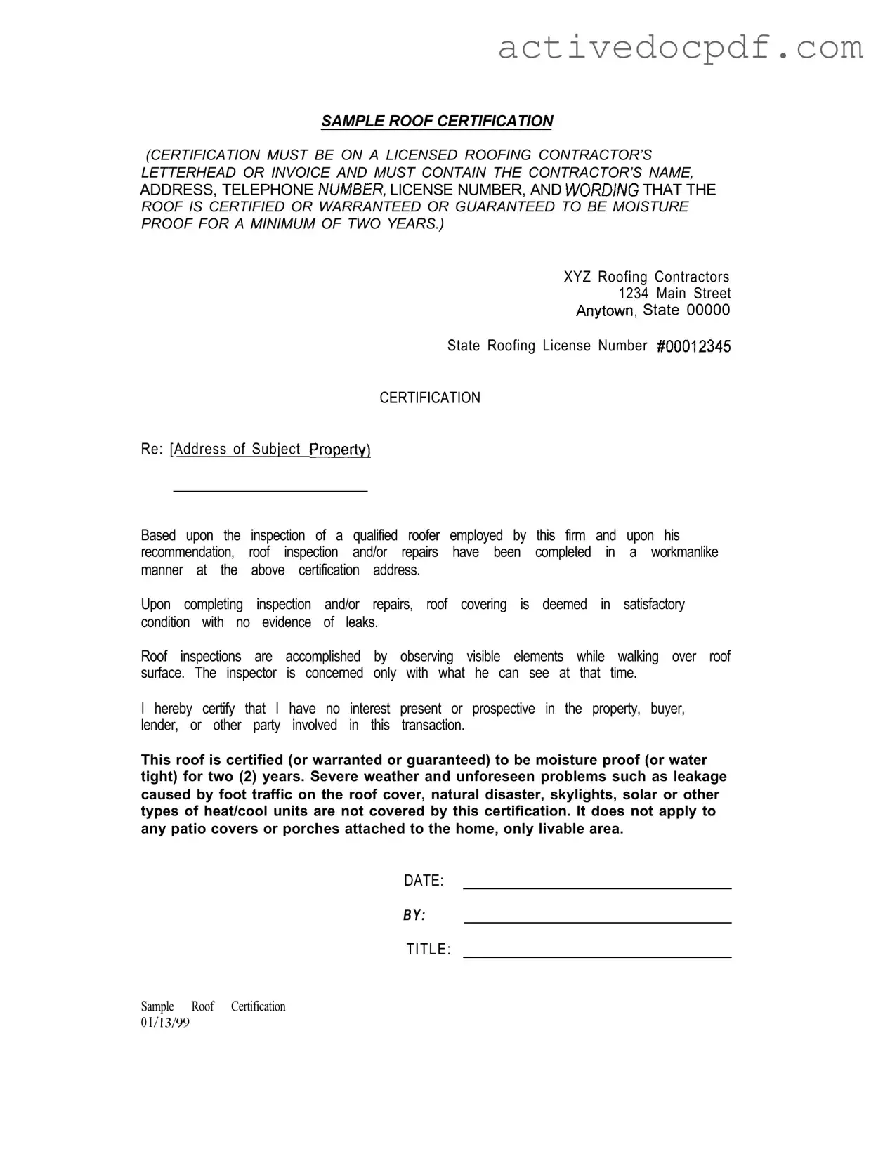 Free Sample Roof Certification PDF Form