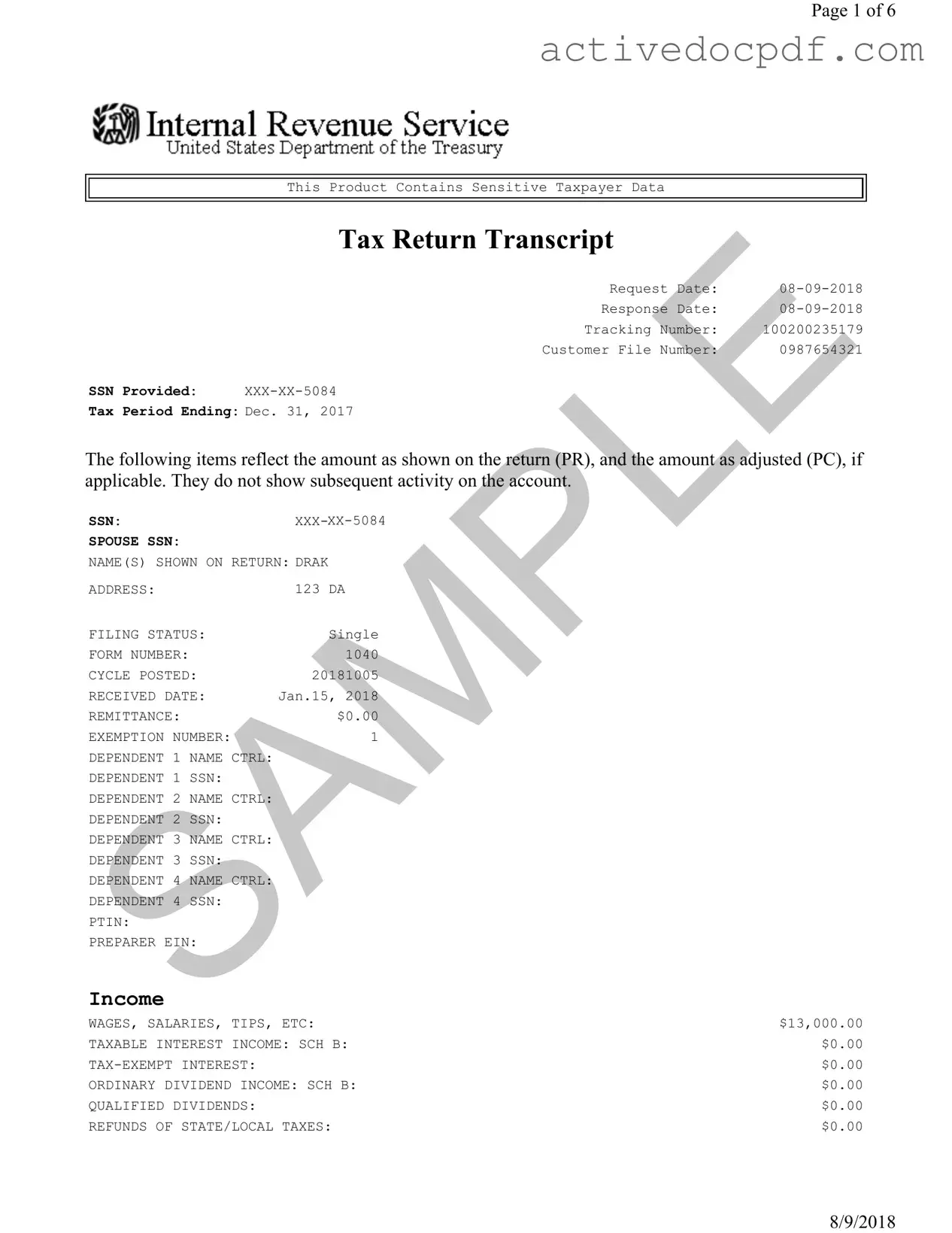 Free Sample Tax Return Transcript PDF Form