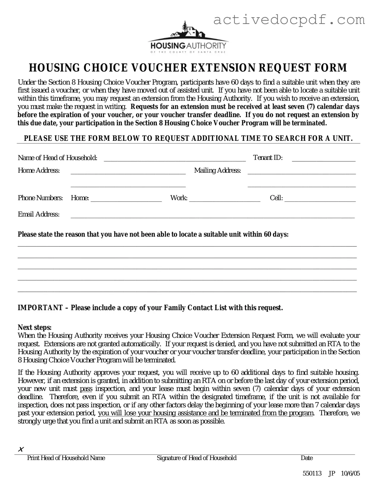 Free Section 8 Voucher Extension PDF Form