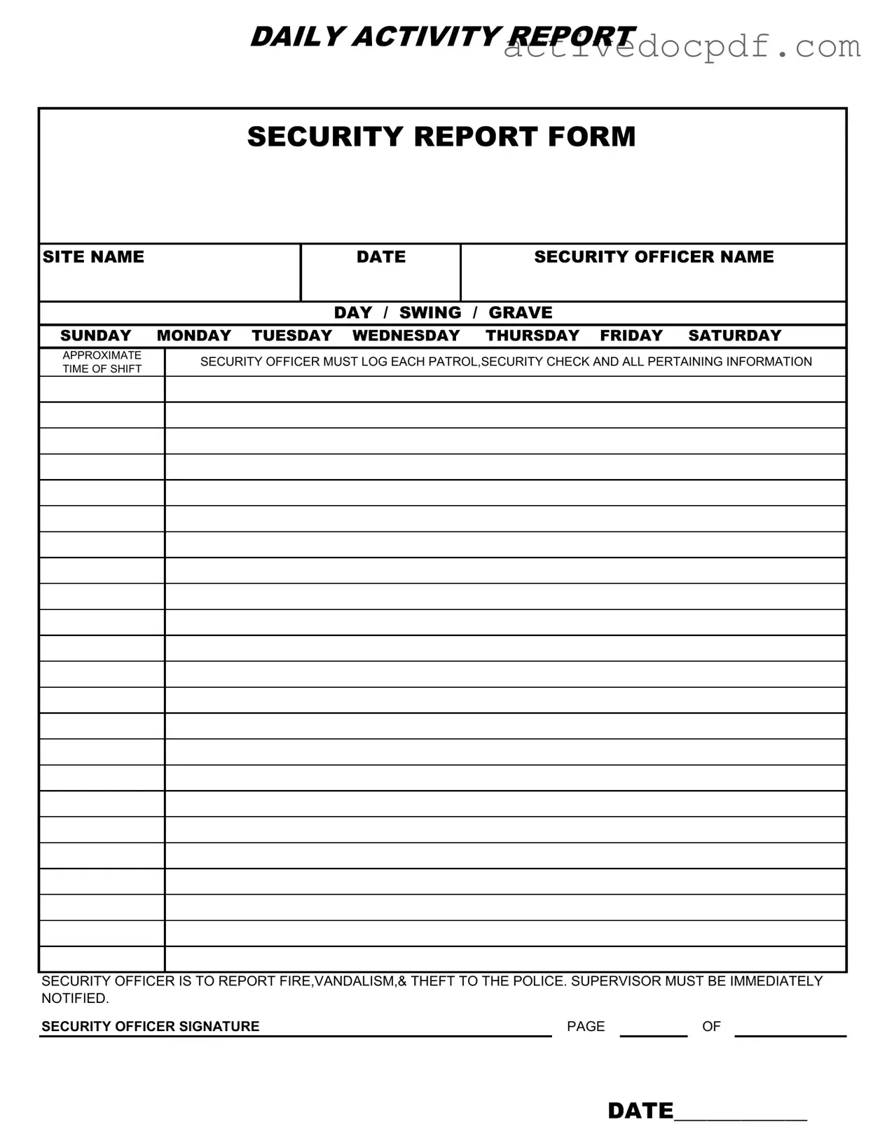 Free Security Guard Daily Report Sample PDF Form