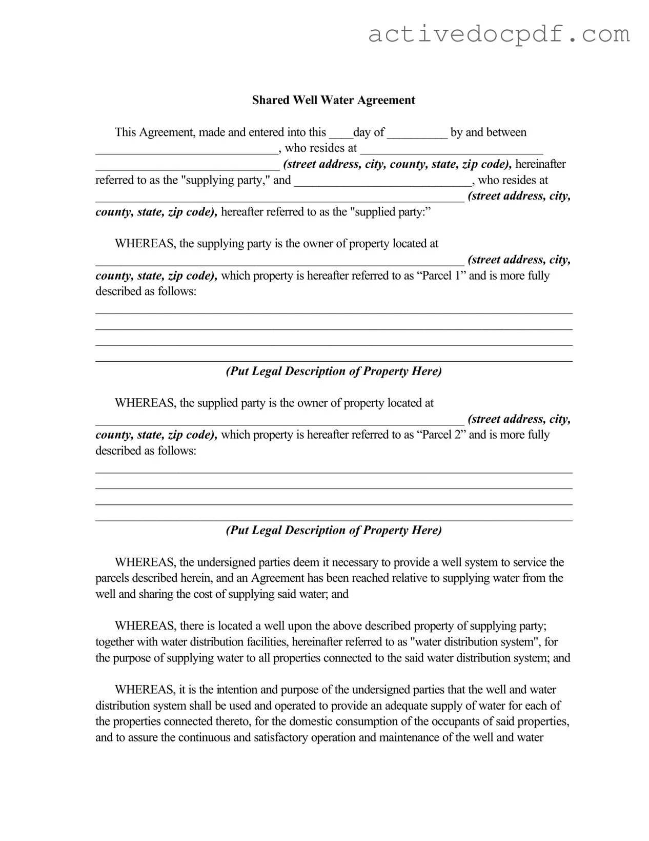 Free Shared Well Agreement PDF Form
