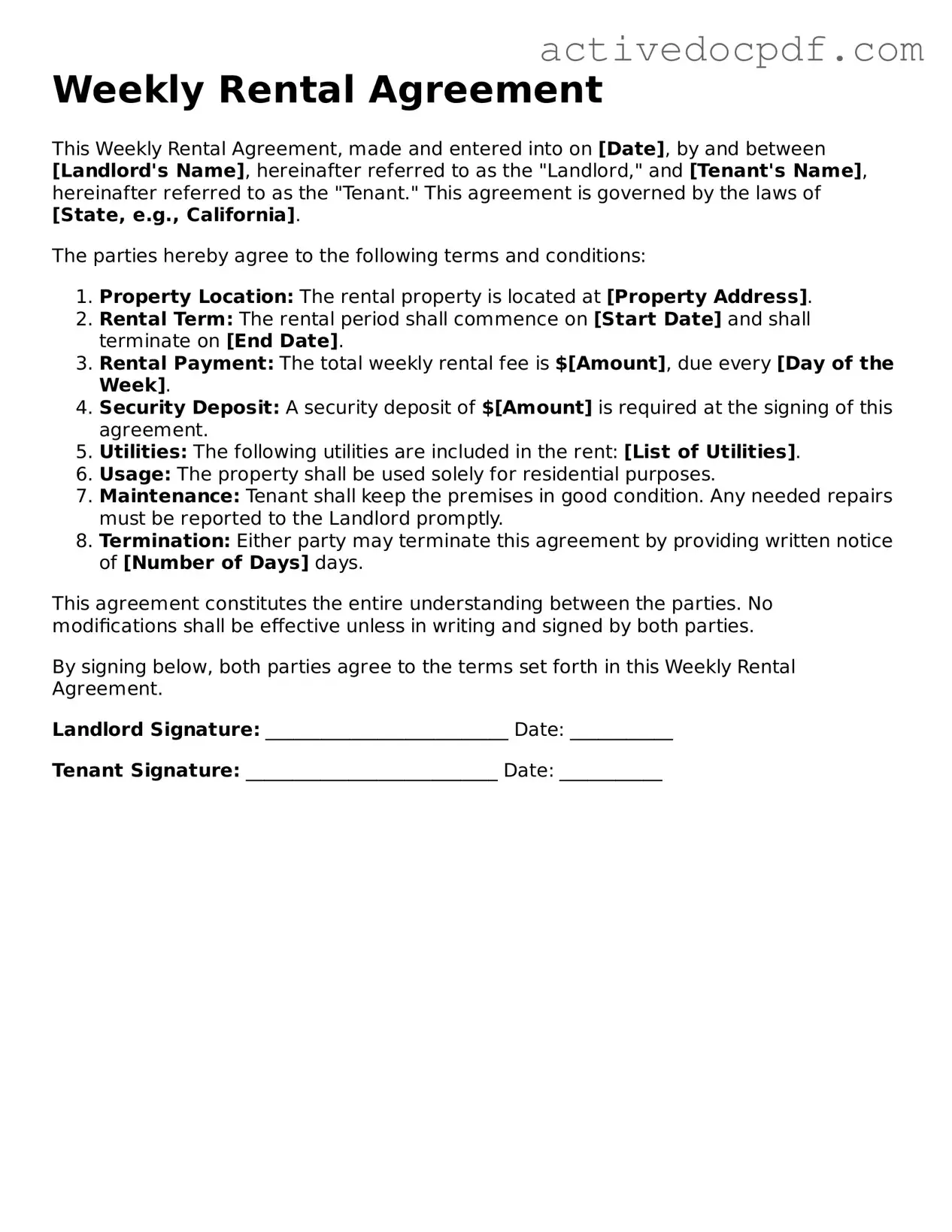 Legal Weekly Rental Agreement Template