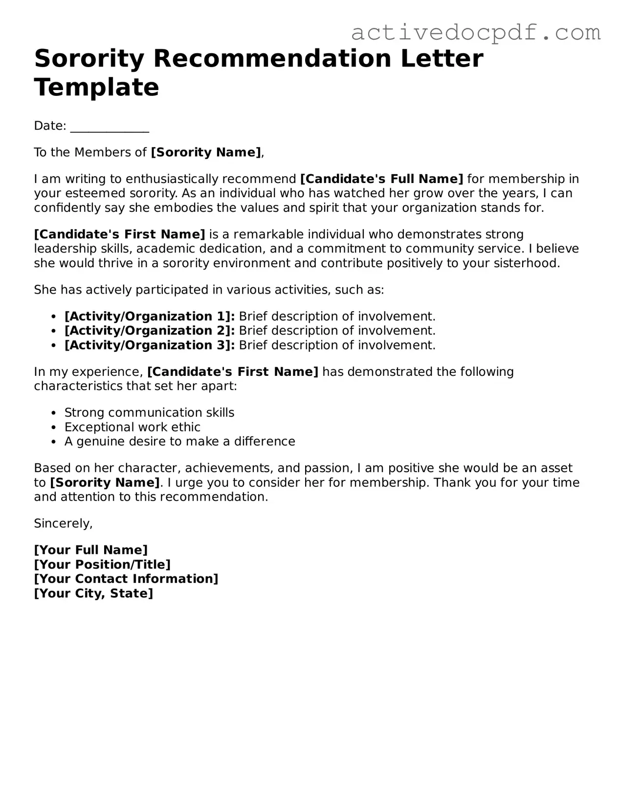 Legal Sorority Recommendation Letter Template
