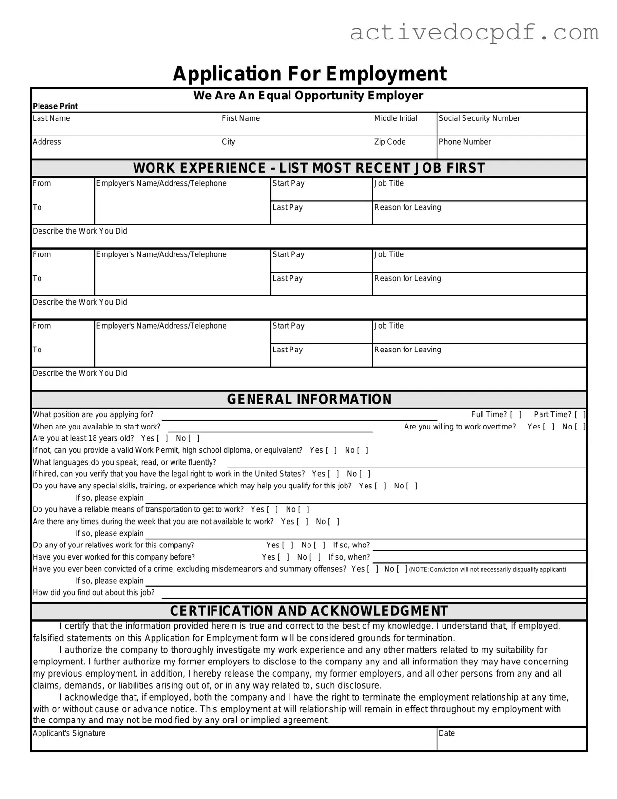 Free Spanish Application Employment PDF Form